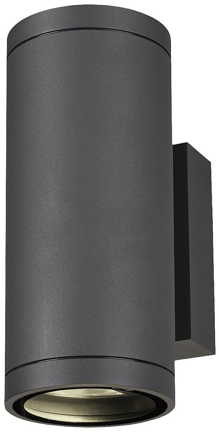 Schwarze zylindrische Außenleuchte mit wandmontierter Halterung. Lichtaustritt oben und unten, modern und schlicht.