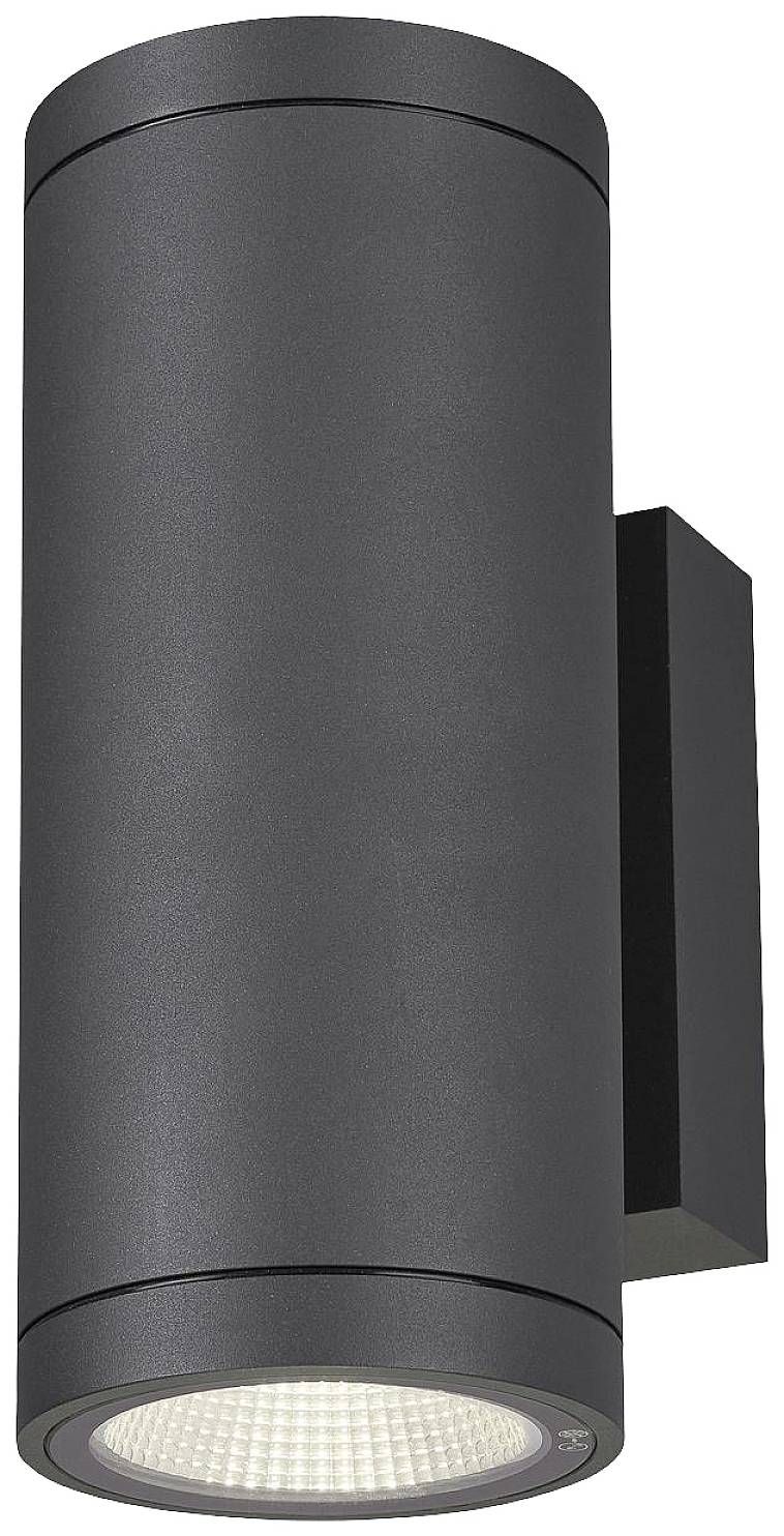 Eine schwarze, zylinderförmige Wandlampe mit Licht, das nach unten und oben strahlt. Modernes Design, für Außenbeleuchtung geeignet.