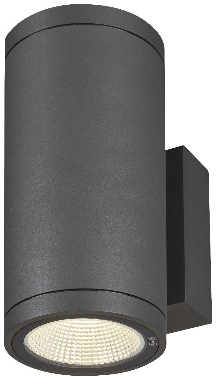 Schwarze zylindrische Außenlampe mit Wandhalterung, beleuchtet nach unten, geeignet für moderne Gebäudefassaden.