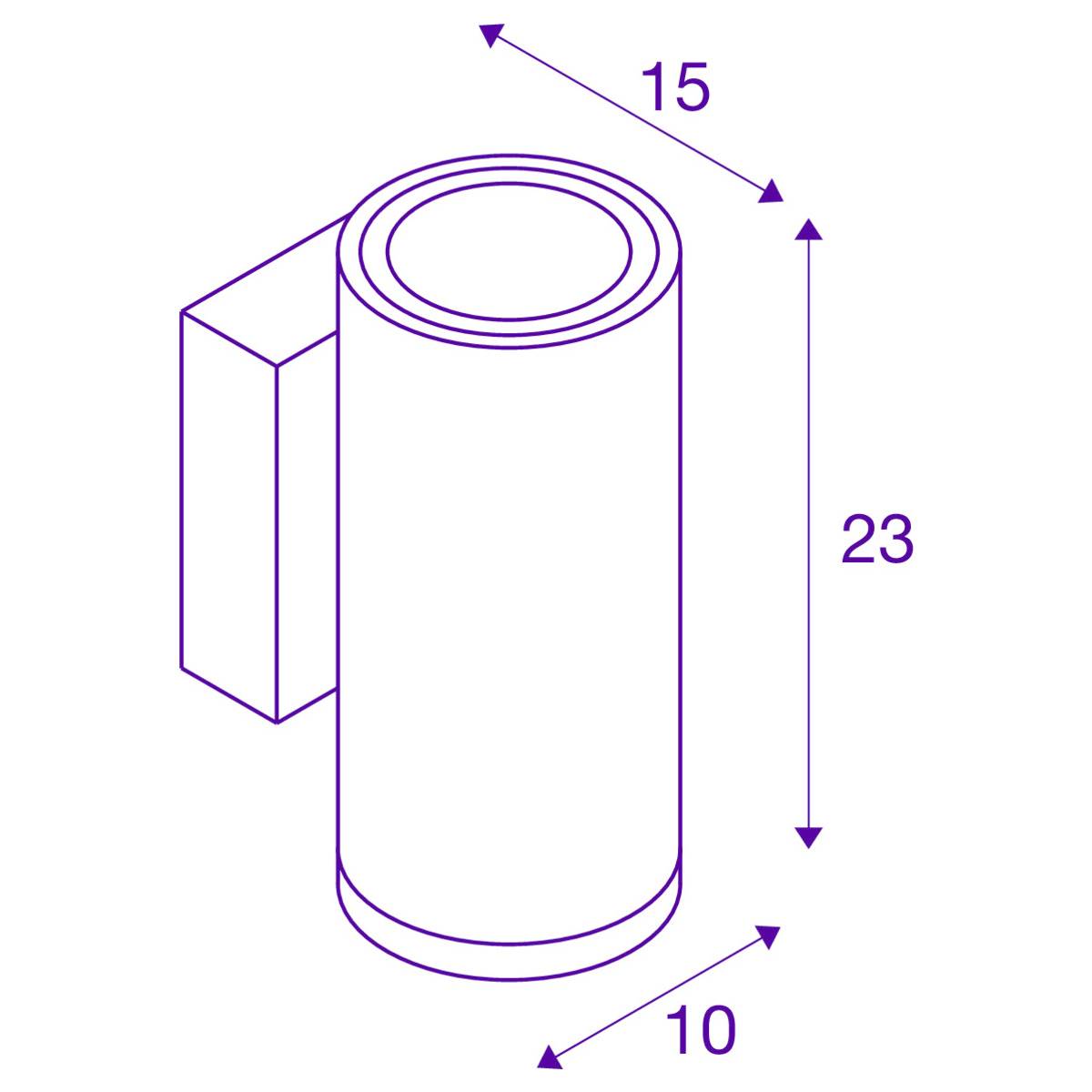 Abbildung eines zylindrischen Objekts mit rechteckiger Basis. Maße: Höhe 23 cm, Breite 10 cm, Tiefe 15 cm.