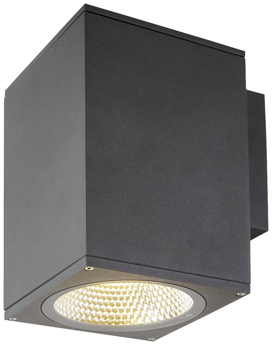 Eine schwarze, quadratische Außenwandleuchte mit nach unten gerichteter Lichtquelle und strukturiertem Glas.