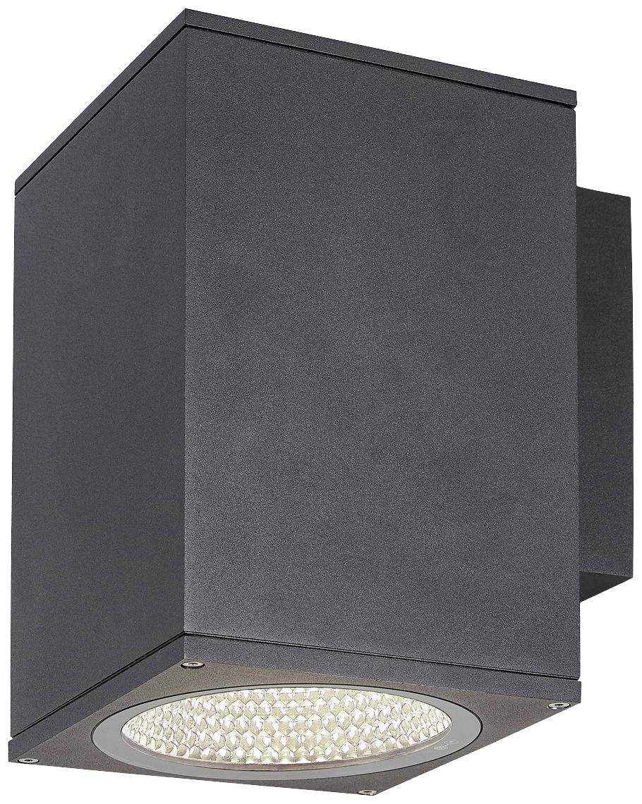 Schwarze, würfelförmige Außenleuchte mit Lichtaustritt nach unten. Minimalistisches Design, für moderne Außenbereiche geeignet.