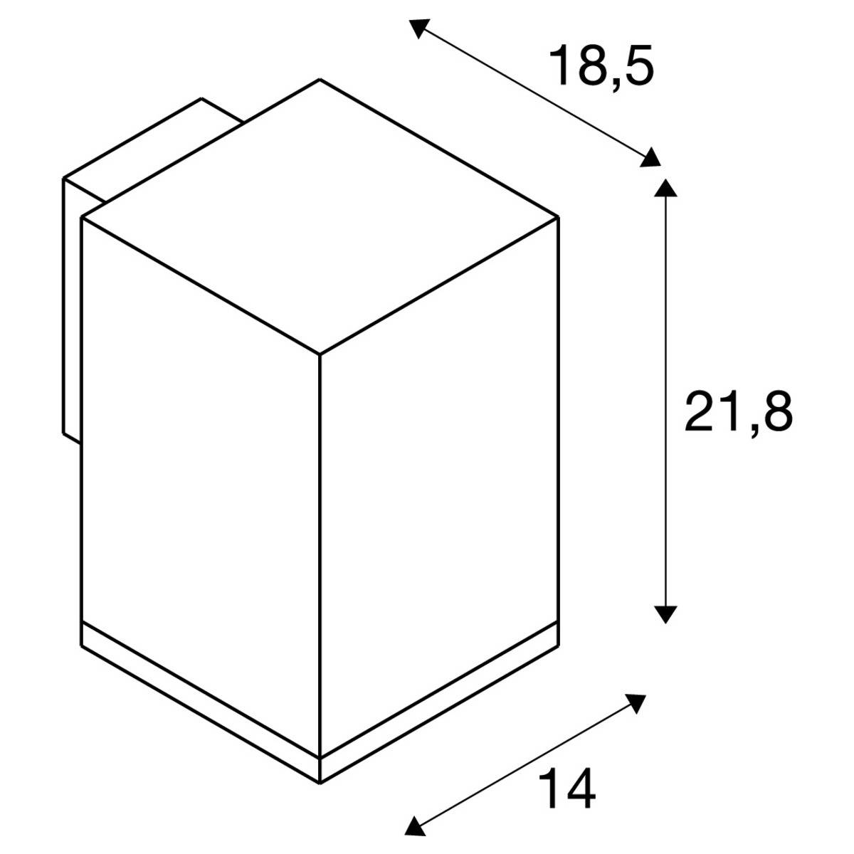 Technische Zeichnung eines rechteckigen Objekts mit den Maßen: Breite 14 cm, Tiefe 18,5 cm, Höhe 21,8 cm.