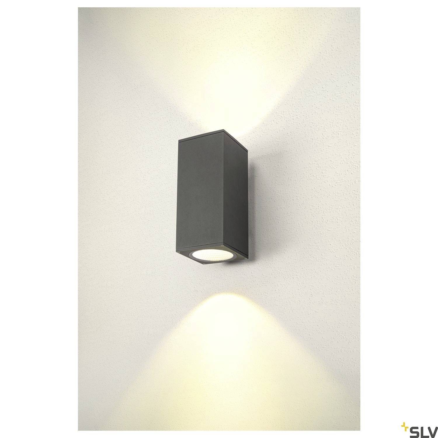 Wandlampe aus schwarzem Metall, strahlt Licht nach oben und unten. Modernes Design, geeignet für Innen- oder Außenbereiche.