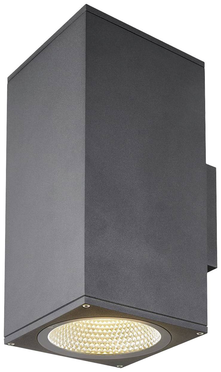 Eine schwarze, rechteckige Wandlampe mit nach unten gerichtetem LED-Licht.