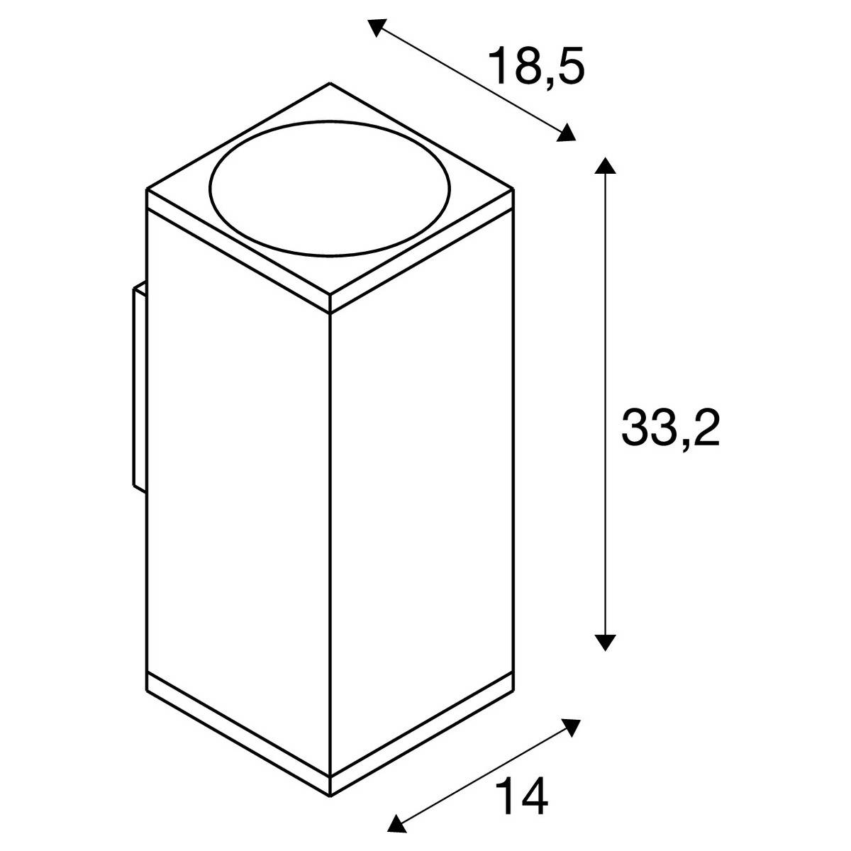 Zeichnung eines rechteckigen Objekts mit den Maßen: Höhe 33,2 cm, Breite 14 cm, Tiefe 18,5 cm.
