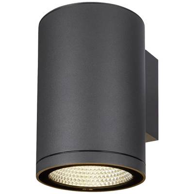Moderne zylindrische schwarze Wandleuchte mit integriertem LED-Spot und geriffeltem Diffusor. Eignet sich zur Beleuchtung von Außenbereichen.