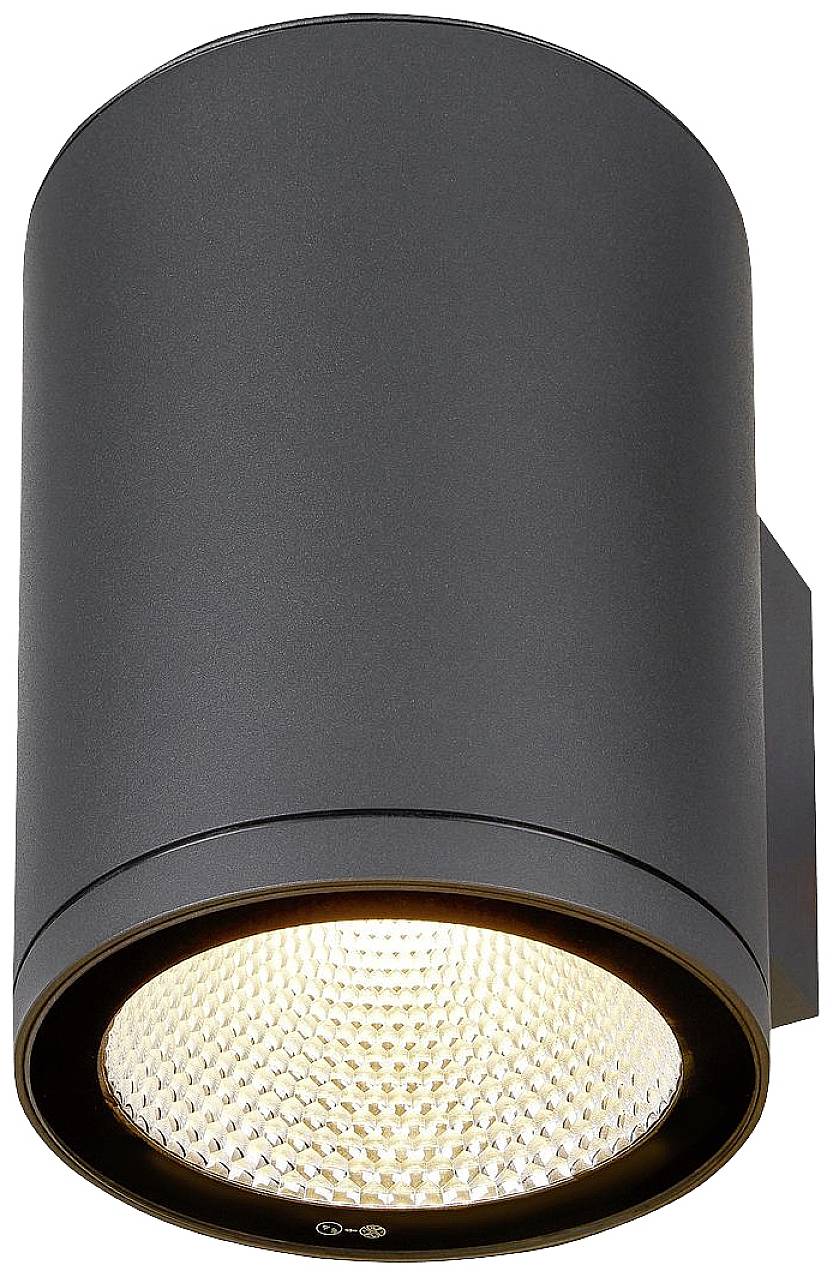 Schwarze zylindrische Wandlampe mit warmweißem Lichtschein, geeignet für moderne Innenbeleuchtung.