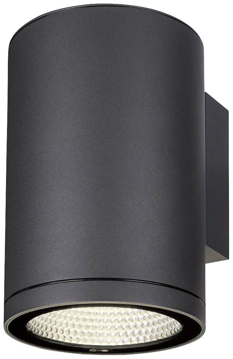 Schwarze zylindrische Außenwandleuchte mit integriertem LED-Lichtmodul, montiert an einer Wand, geeignet für moderne Außenbereiche.