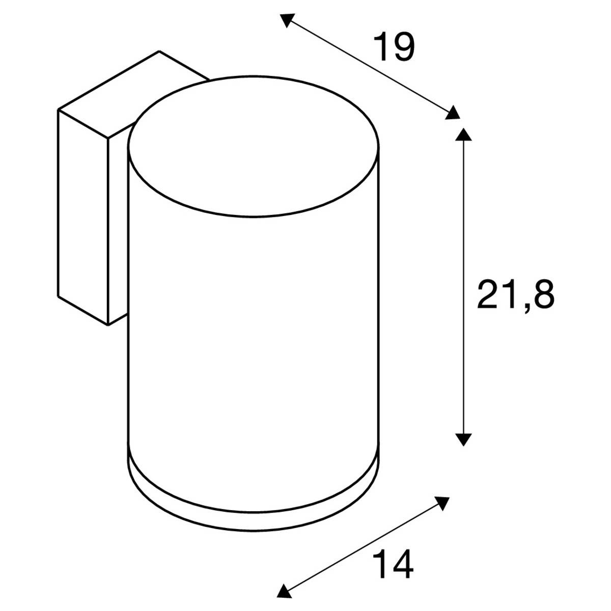 Isometrische Zeichnung einer zylindrischen Wandleuchte mit den Maßen: Höhe 21,8 cm, Breite 19 cm, Tiefe 14 cm.