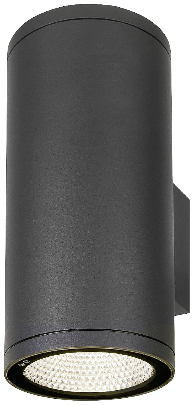 Schwarze zylindrische Wandleuchte mit nach unten gerichtetem Licht; modernes Design geeignet für Außenbereichsbeleuchtung.