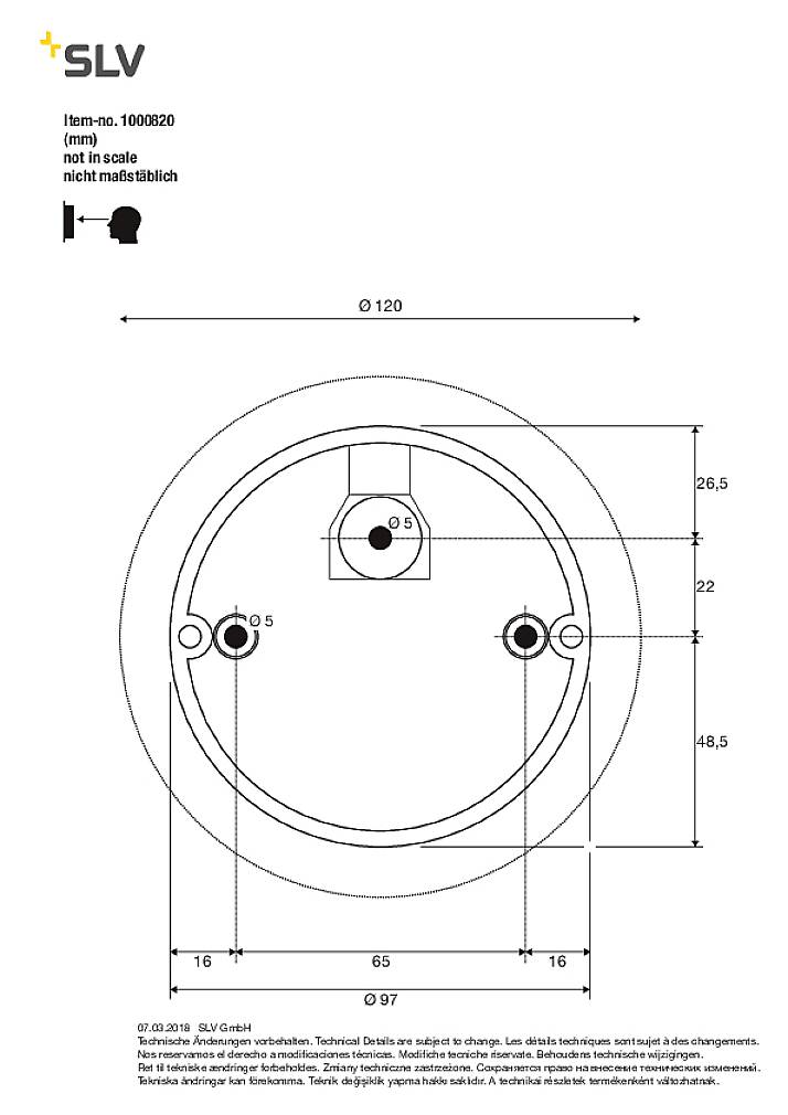 Technische Zeichnung eines runden Bauteils mit Bohrungen und Abmessungen in mm. Nicht maßstabsgetreu. Durchmesser 120 mm.