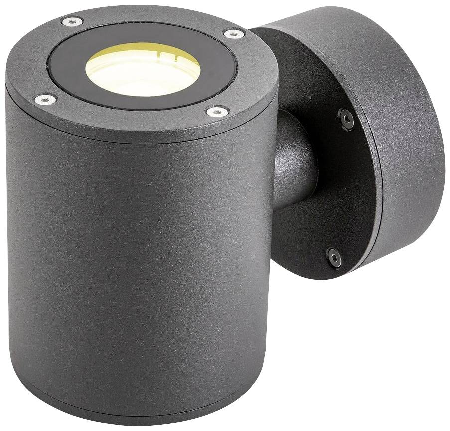 Eine schwarze zylindrische Wandlampe mit nach unten ausgerichtetem Lichtquelle, geeignet für den Außenbereich.