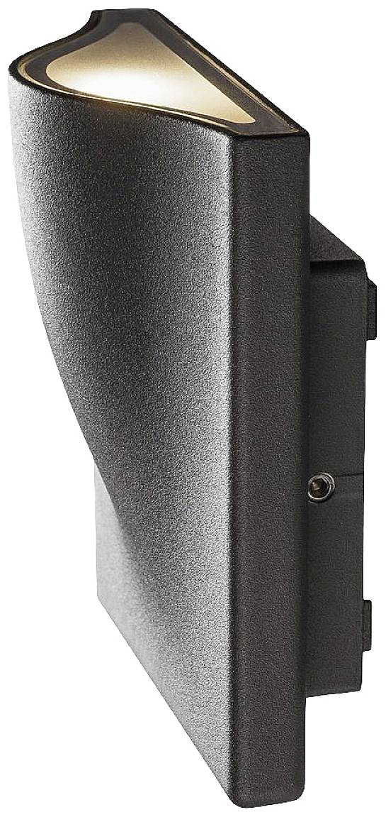 Schwarze, moderne Wandlampe mit nach oben gerichtetem Licht, geeignet für Außenbeleuchtung.