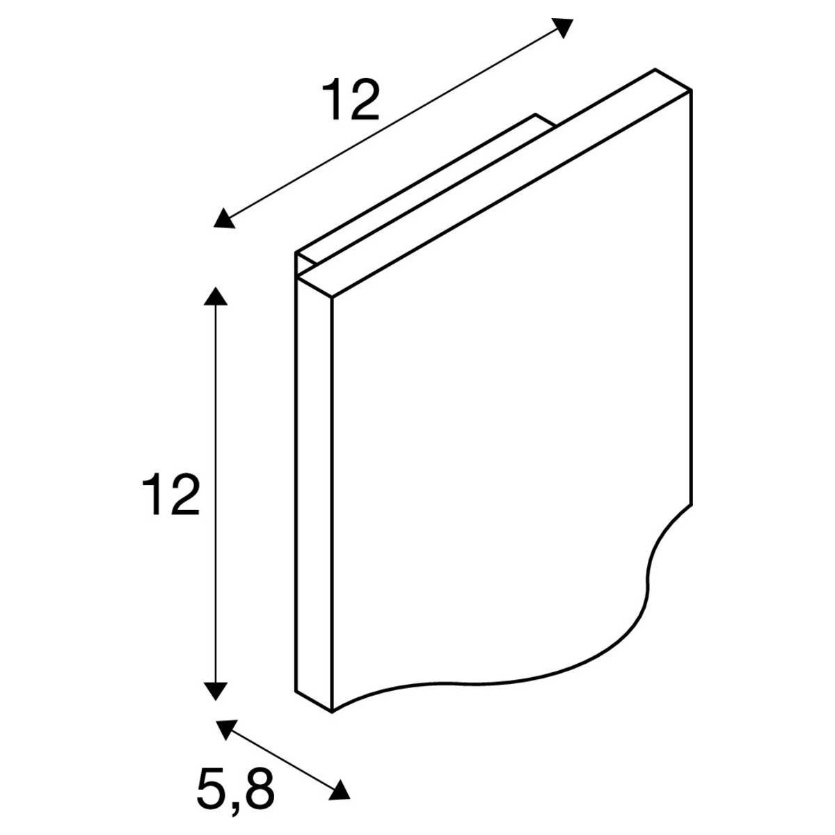 Eine technische Zeichnung zeigt ein quadratisches Objekt mit den Maßen 12 x 12 und einer abgerundeten Ecke von 5,8.