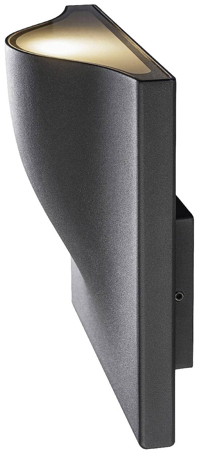 Schwarze Wandleuchte mit modernem, geschwungenem Design, leuchtet nach oben.