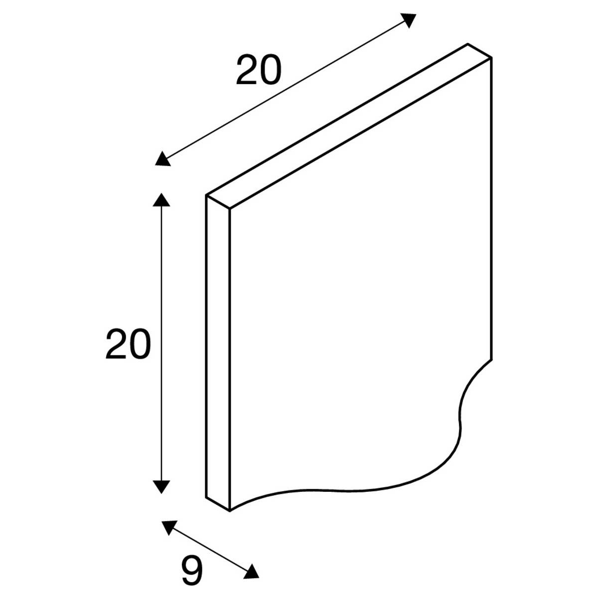 Isometrische Zeichnung eines Bauteils: quadratische Platte mit abgerundeter Ecke, Kantenlänge 20, Abrundung 9 mm.