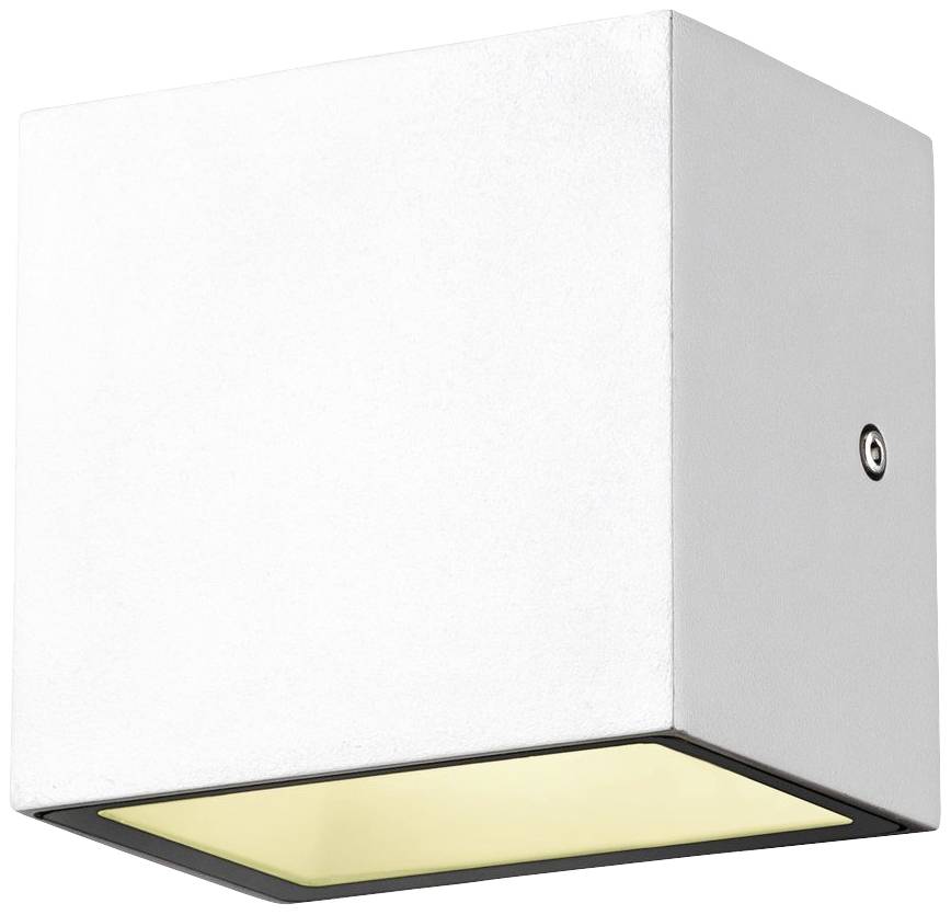 Weiße, würfelförmige Wandleuchte mit direktem und indirektem Lichtstrahl, geeignet für moderne Innenräume.