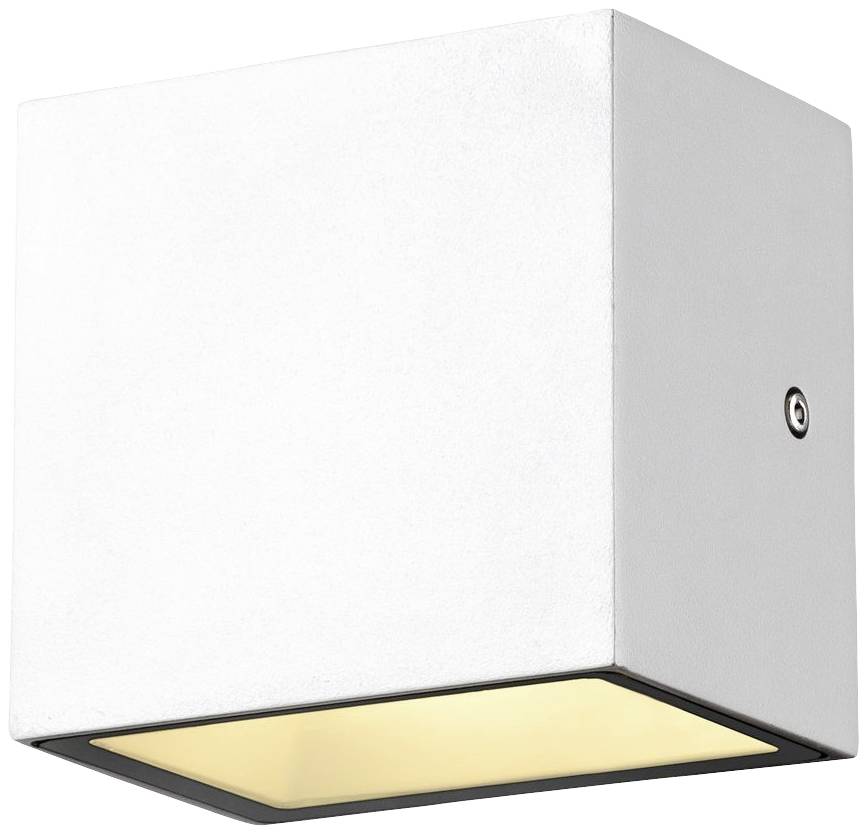 Weiße, quadratische Wandleuchte mit modernem Design und sanftem, nach unten gerichtetem Lichtschein. Ideal für minimalistische Einrichtungen.