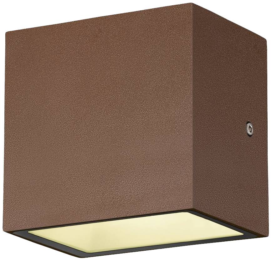 Würfelförmige, braune Wandlampe mit downward-facing Lichtaustritt. Verwendet für moderne Beleuchtung.