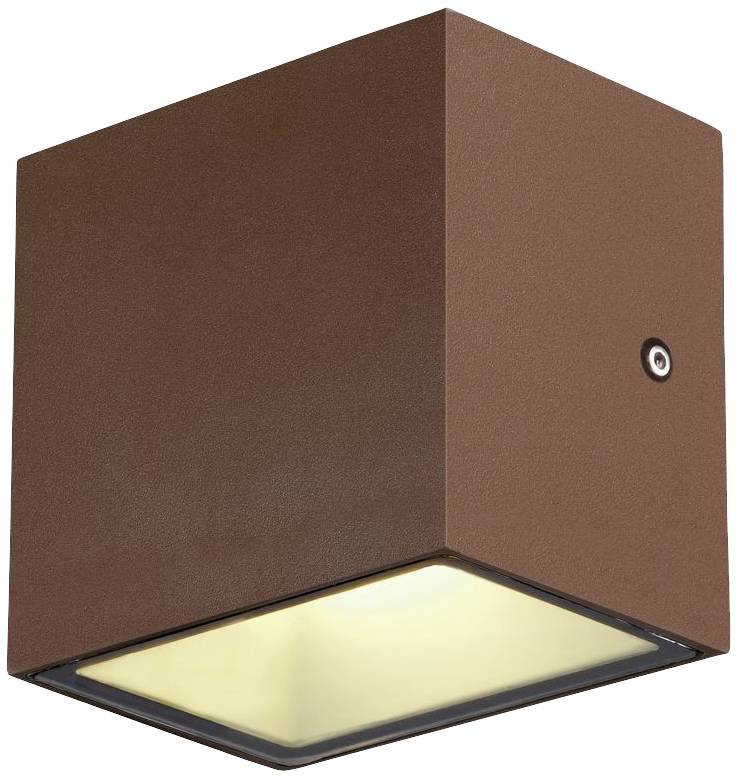 Ein brauner, quadratischer Wandstrahler aus Metall mit Diffusor an der Unterseite, der nach unten leuchtet.