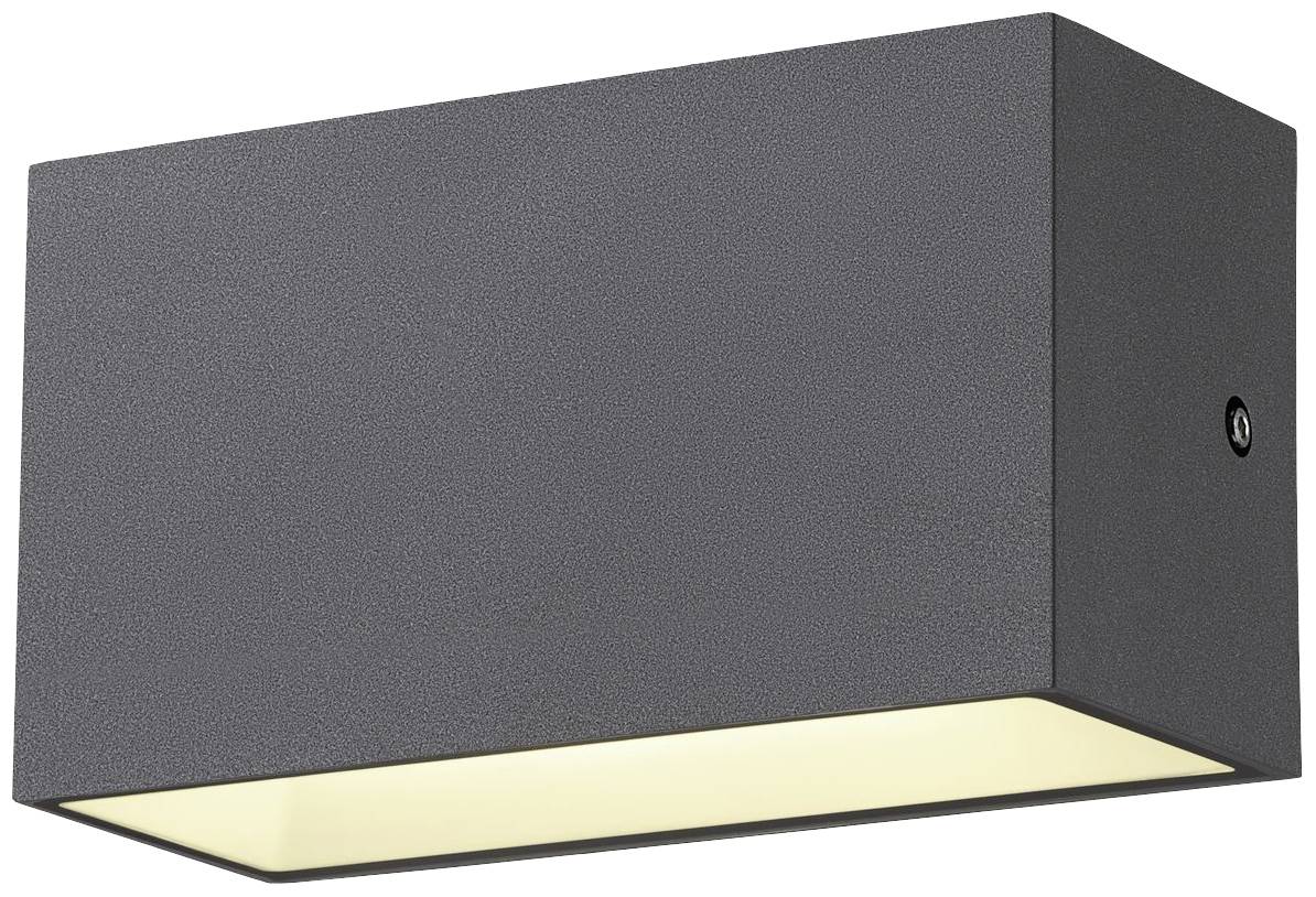 Moderne, rechteckige Wandleuchte aus grauem Metall mit nach unten gerichteter Lichtstrahlung.