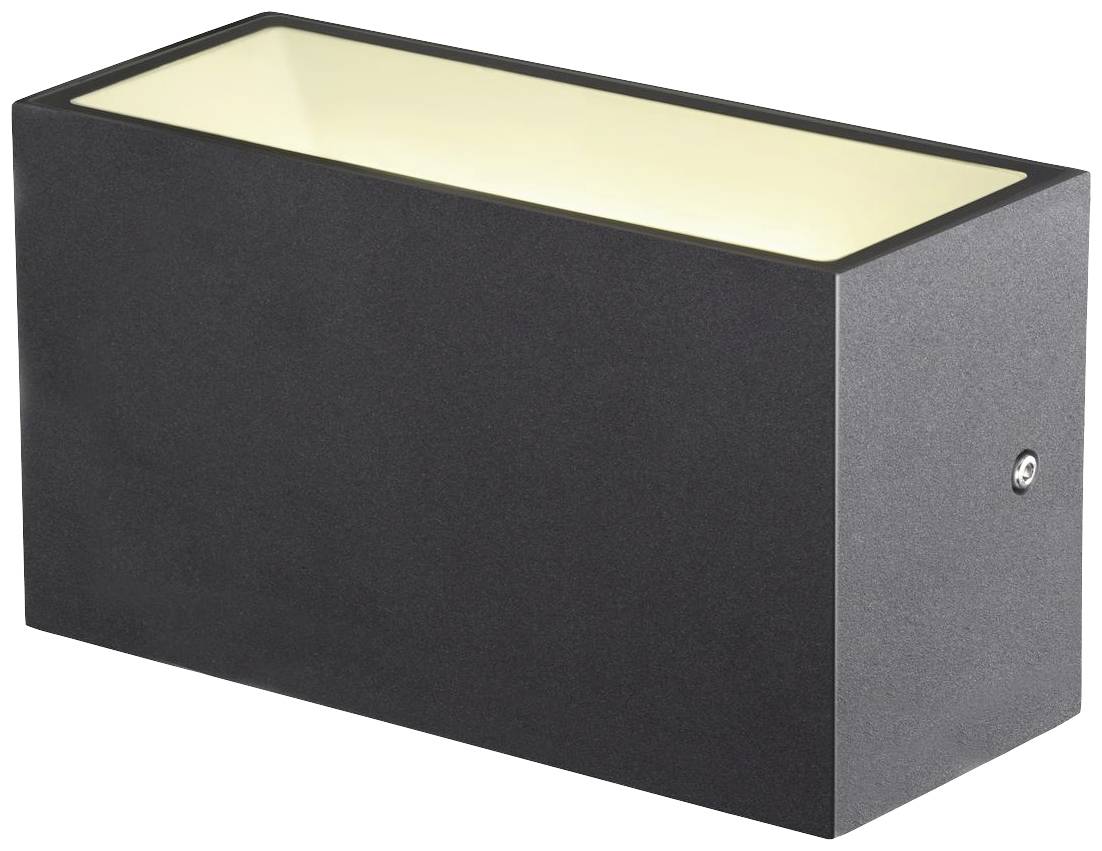 Schwarze rechteckige Außenwandleuchte mit warmweißer LED-Beleuchtung.
