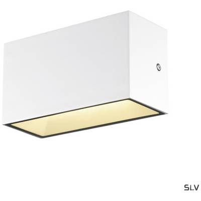 Eine rechteckige, weiße Wandleuchte mit schwarzem Rand. Sie strahlt warmes Licht nach unten aus.