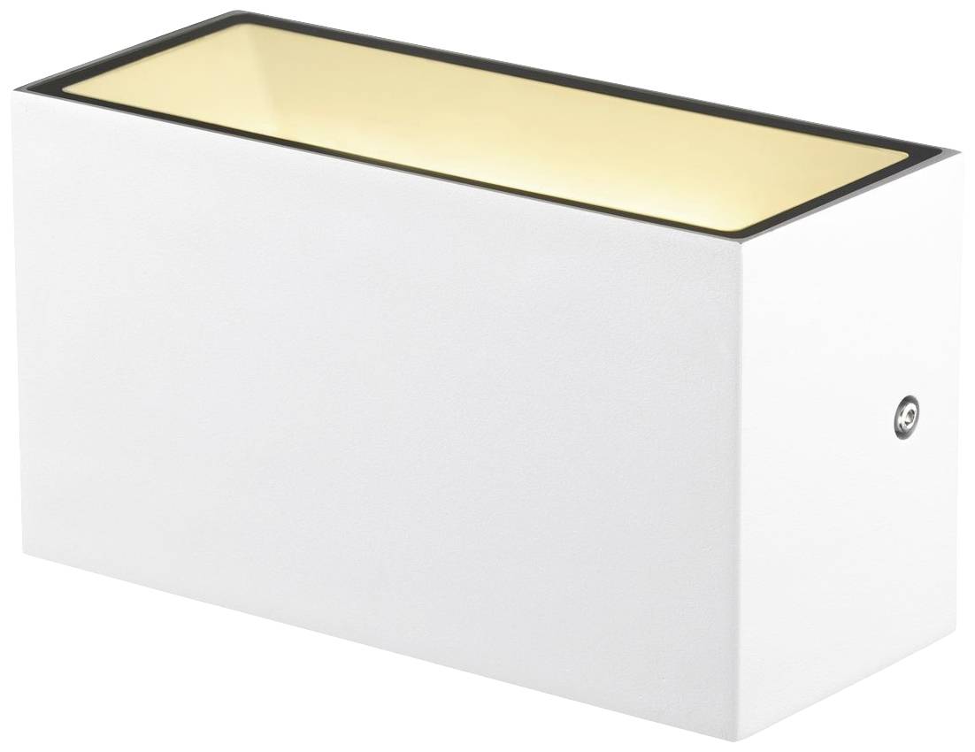 Weiße rechteckige Wandleuchte mit gelblichem Lichtaustritt nach oben und unten. Modernes Design, geeignet für Innen- oder Außenbereich.