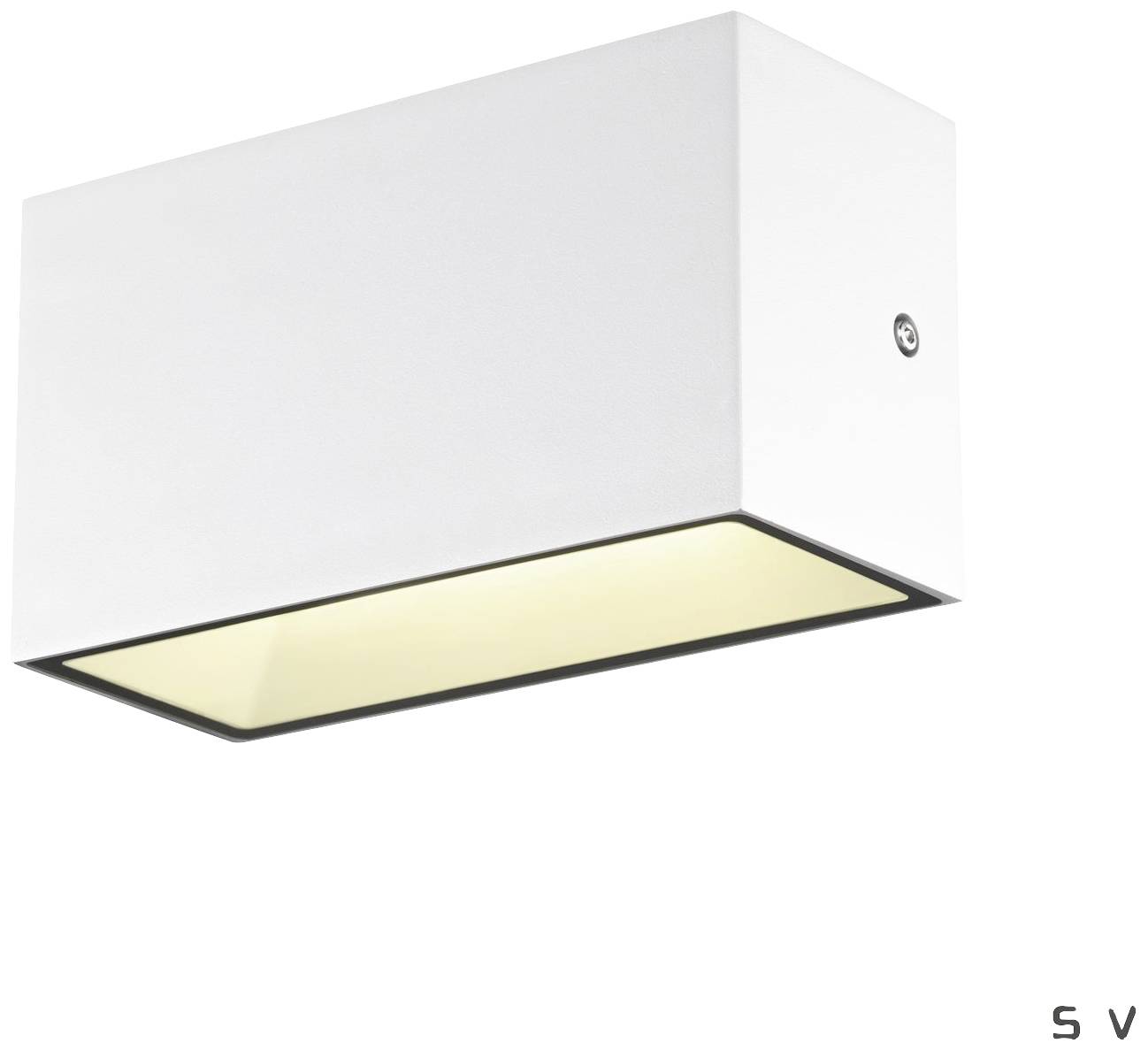 Weiße, rechteckige Wandleuchte mit nach unten strahlendem Licht, an einer weißen Wand montiert.