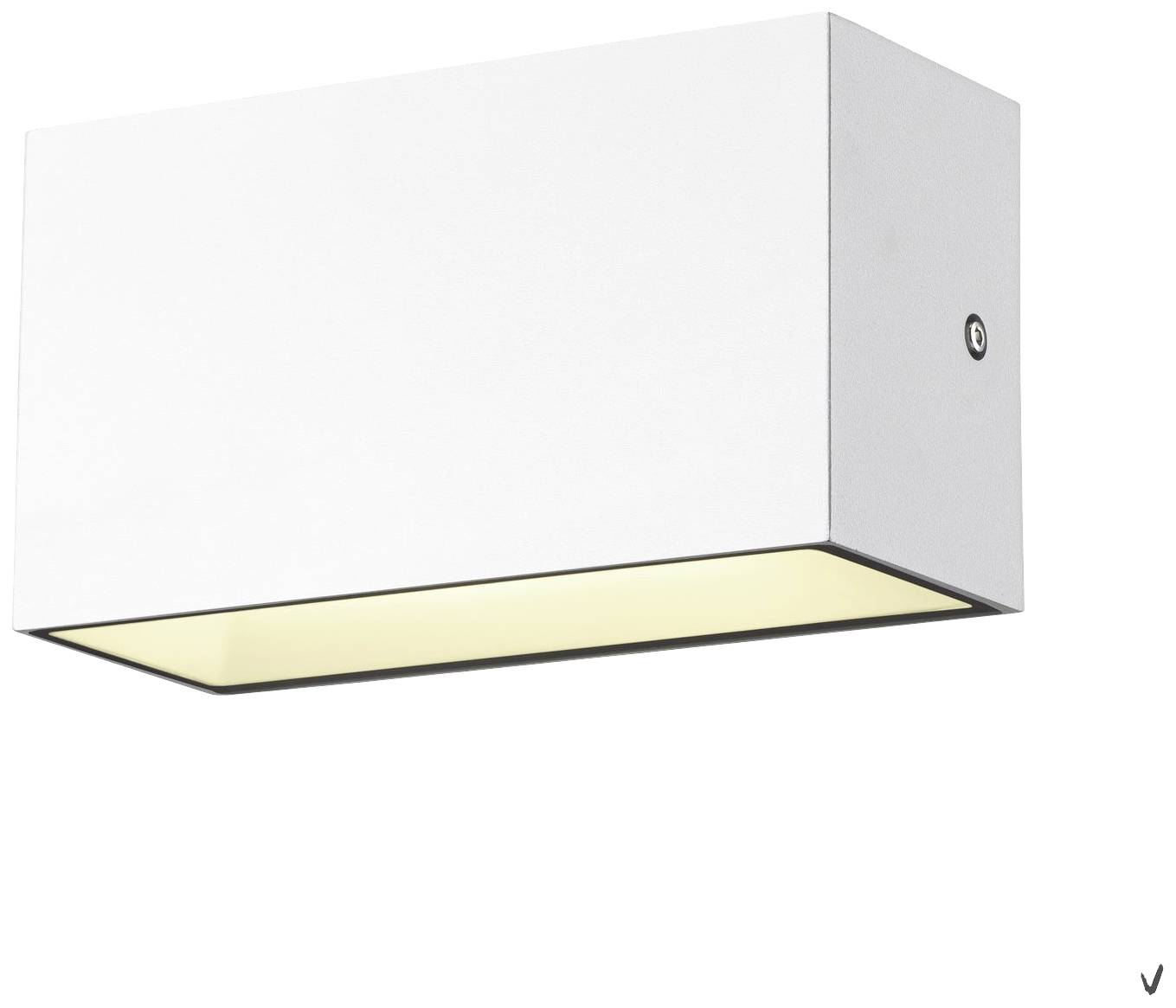 Weiße, rechteckige Wandlampe mit modernem Design strahlt nach unten gerichtetes warmes Licht aus.