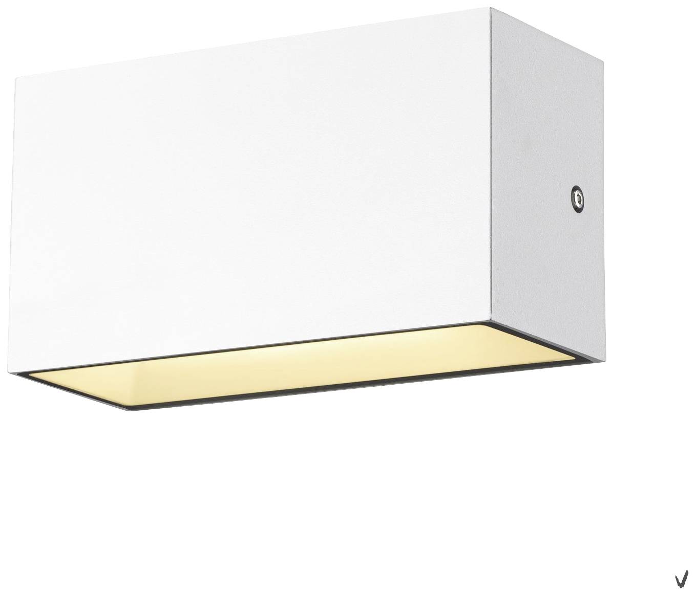 Weiße rechteckige Wandleuchte, die nach unten warmes Licht abgibt. Ideal für moderne Innenräume.