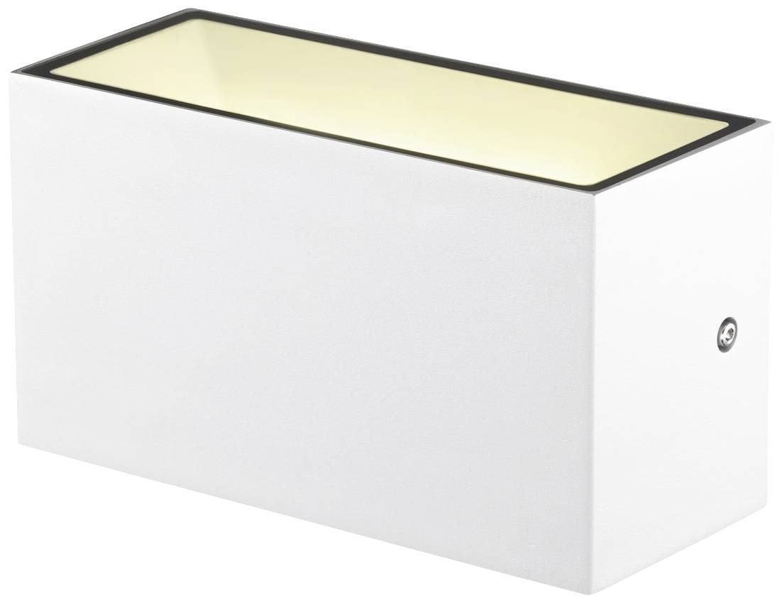 Weiße, rechteckige Wandlampe mit warmem Lichtschein, geeignet für moderne Innenräume.