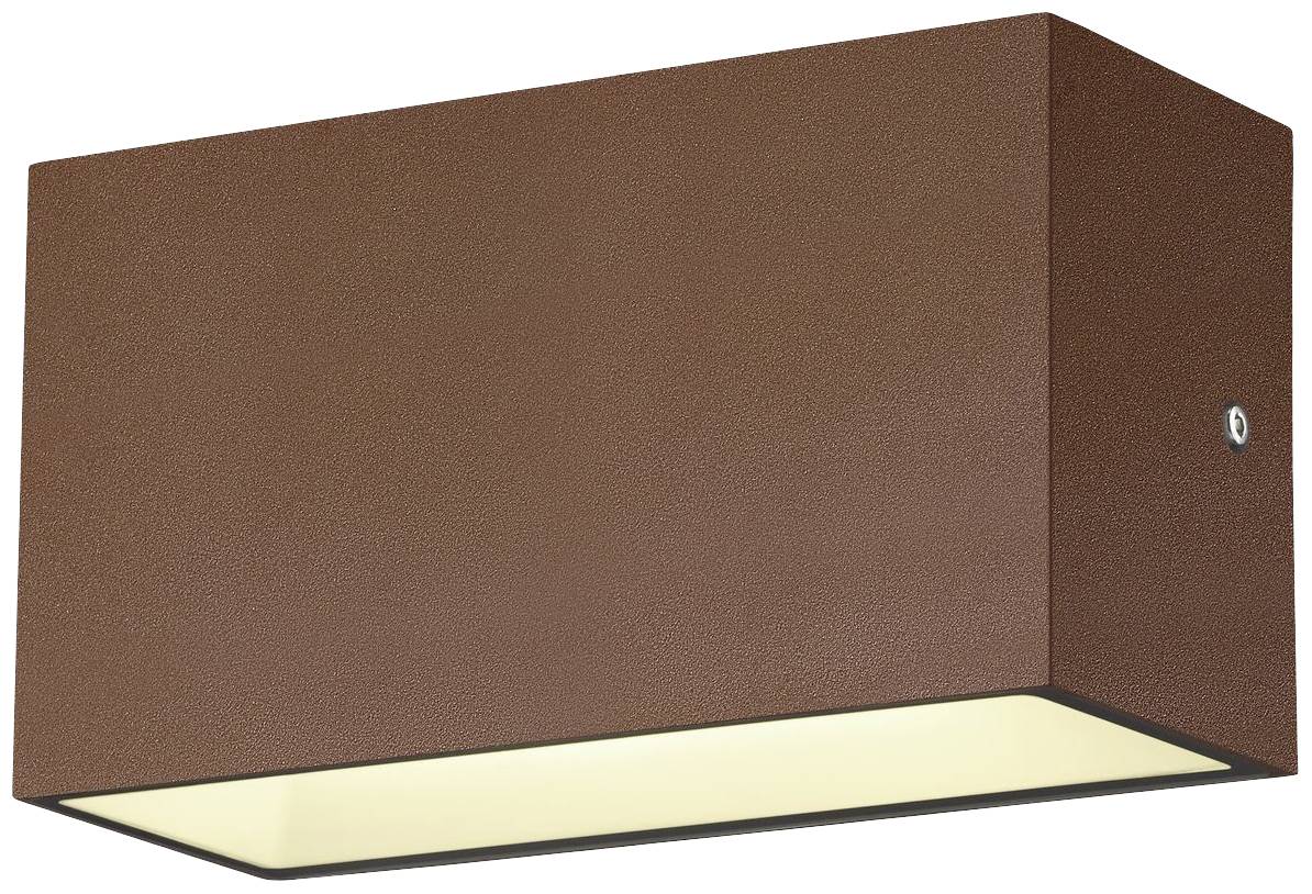 Eine rechteckige, braune Wandleuchte mit offenem Boden, die diffuses Licht in den Raum strahlt.