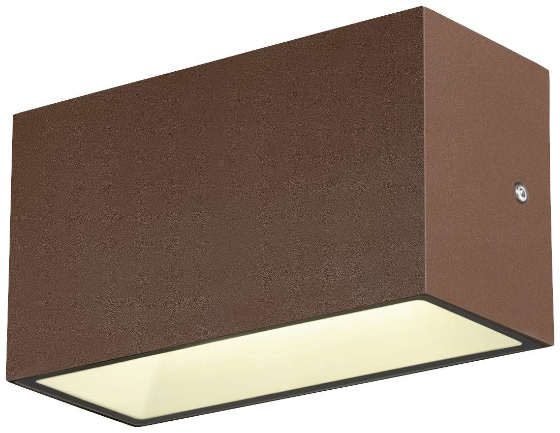 Braune Außenwandleuchte mit rechteckigem, schlichtem Design. Beleuchtet nach unten für funktionale Außenbeleuchtung.