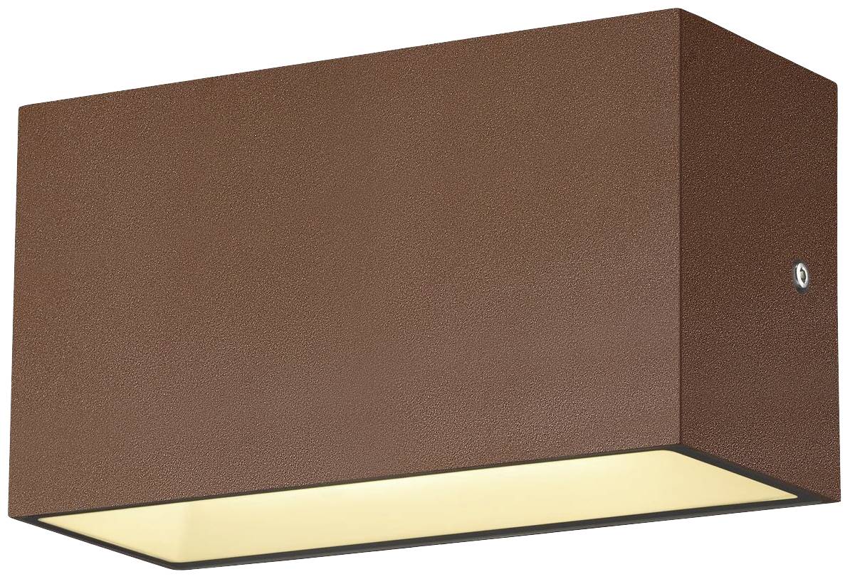 Rechteckige, braune Wandleuchte mit sanftem, nach unten gerichtetem Licht. Ideal für moderne Innenräume.