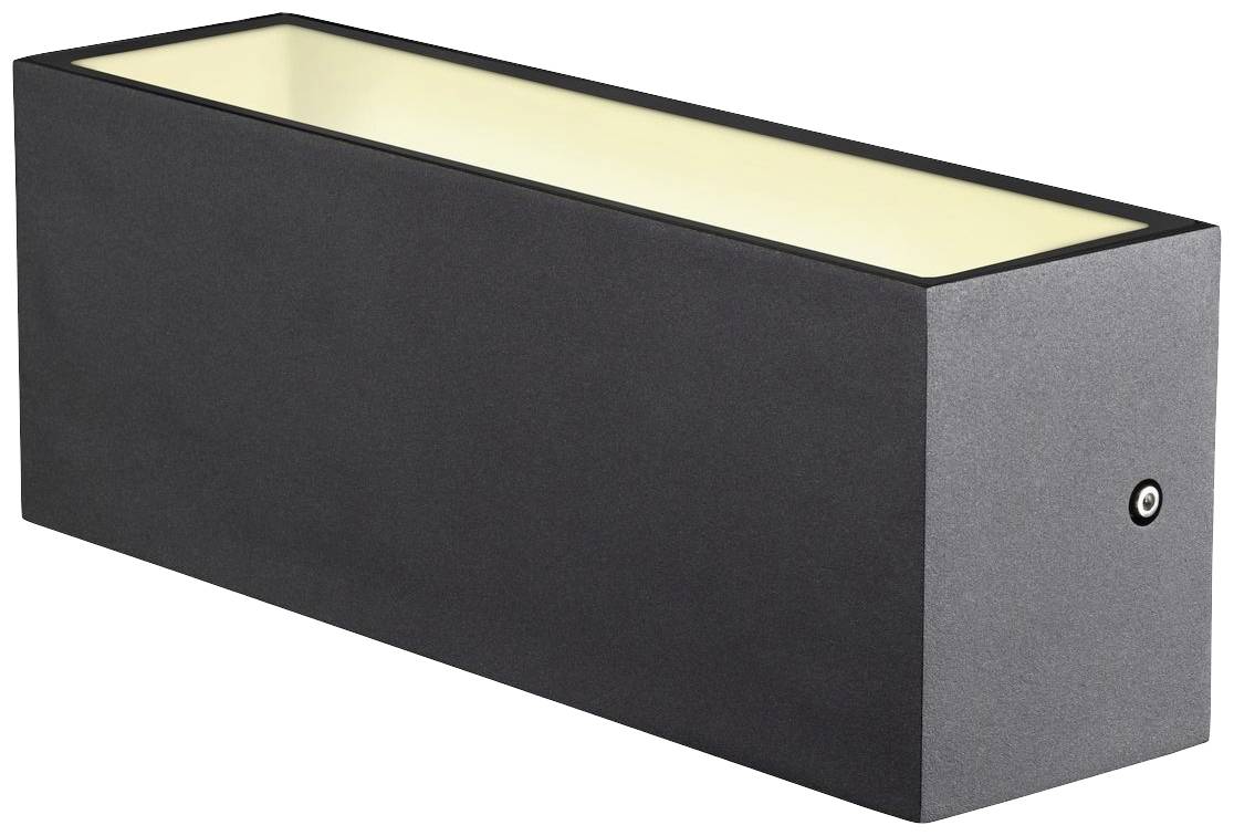 Rechteckige schwarze Wandlampe mit innenliegendem Leuchteinsatz, geeignet für moderne Außen- und Innenbeleuchtung.