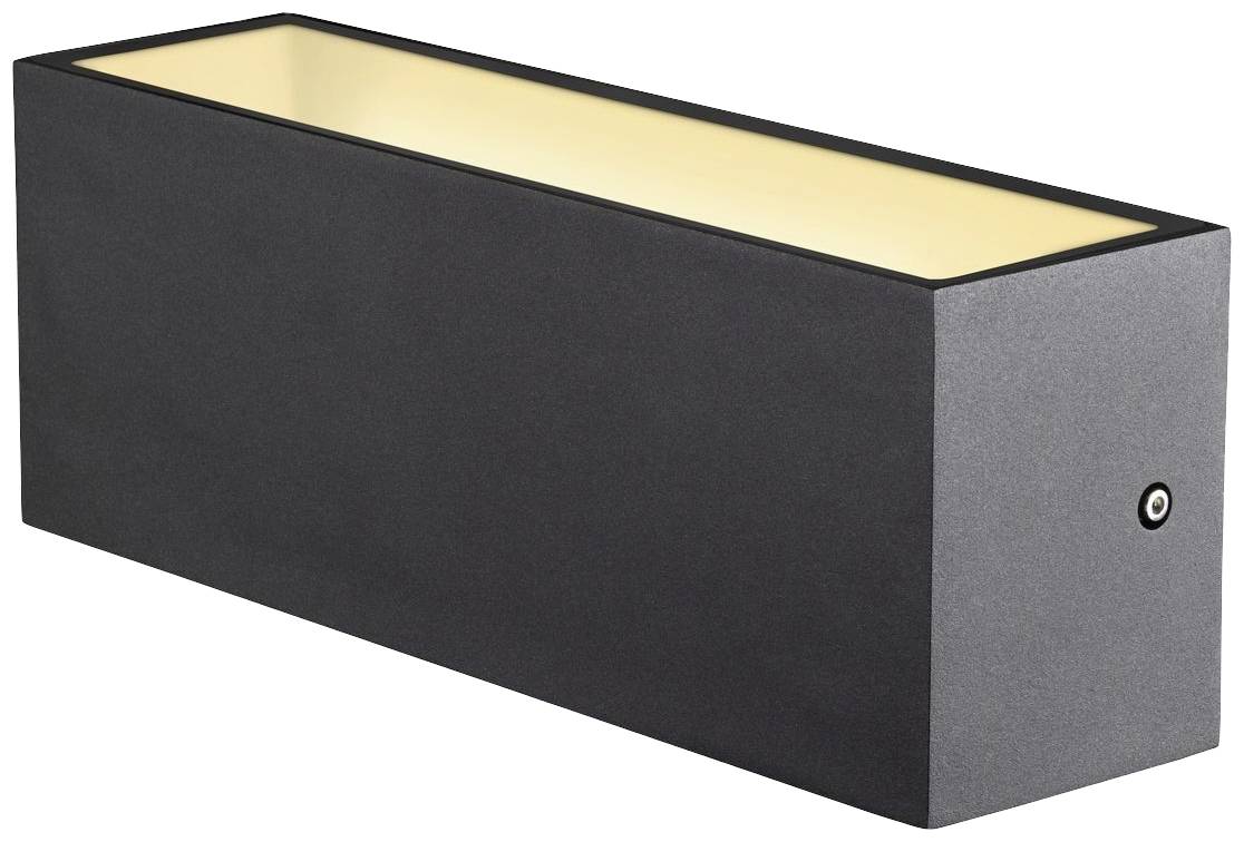 Schwarze, rechteckige Wandleuchte mit warmweißem Lichtschein. Modernes Design, geeignet für Innen- oder Außenbeleuchtung.