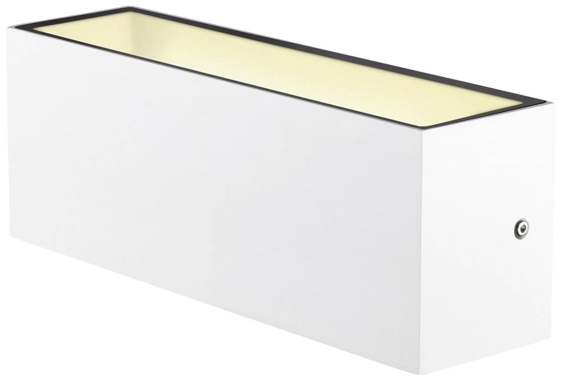 Weiße rechteckige Wandlampe mit indirekter Lichtquelle oben und unten, geeignet für moderne Inneneinrichtung.