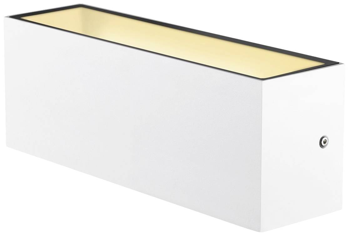 Weiße rechteckige Wandlampe mit warmem Licht und minimalistischem Design, geeignet für moderne Innenräume.