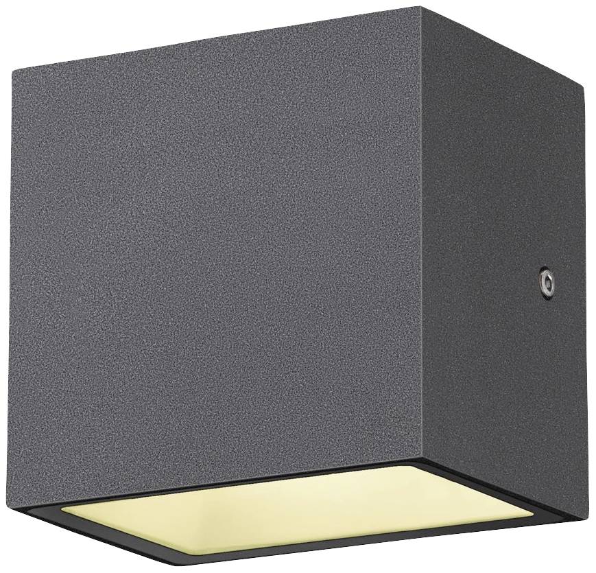 Eine moderne, quadratische Wandleuchte in Dunkelgrau mit einem Lichtstrahl nach unten.