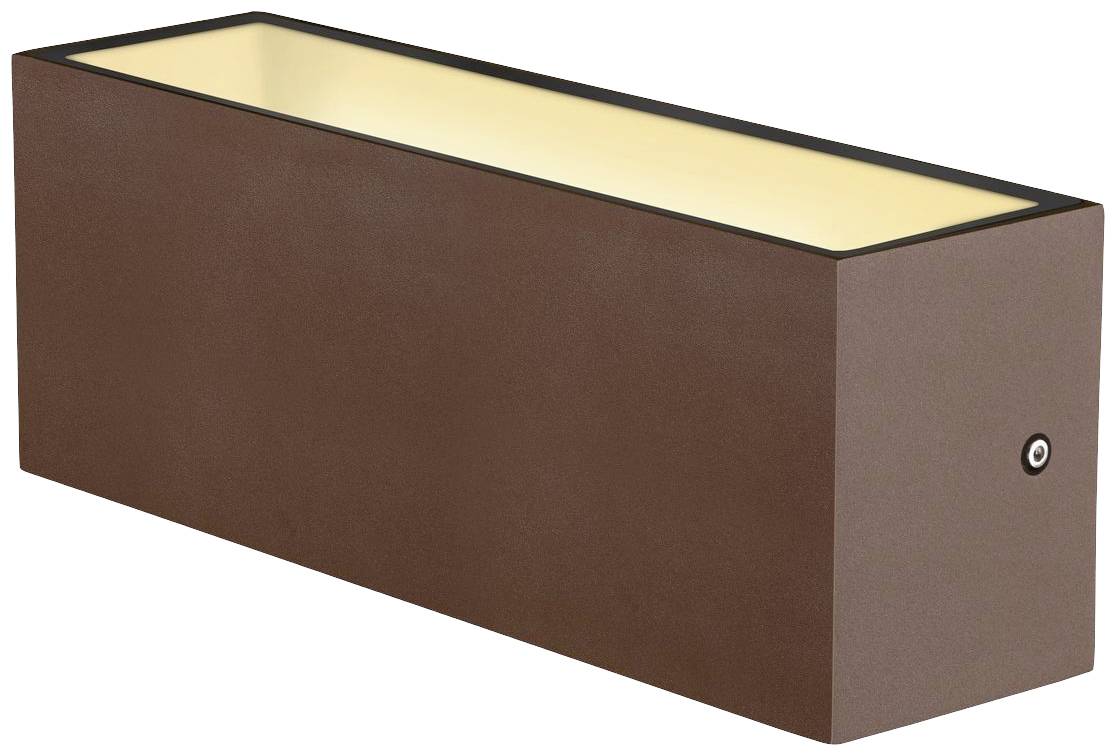 Rechteckige, moderne Wandlampe in Braun mit diffuser, gelber Beleuchtung.
