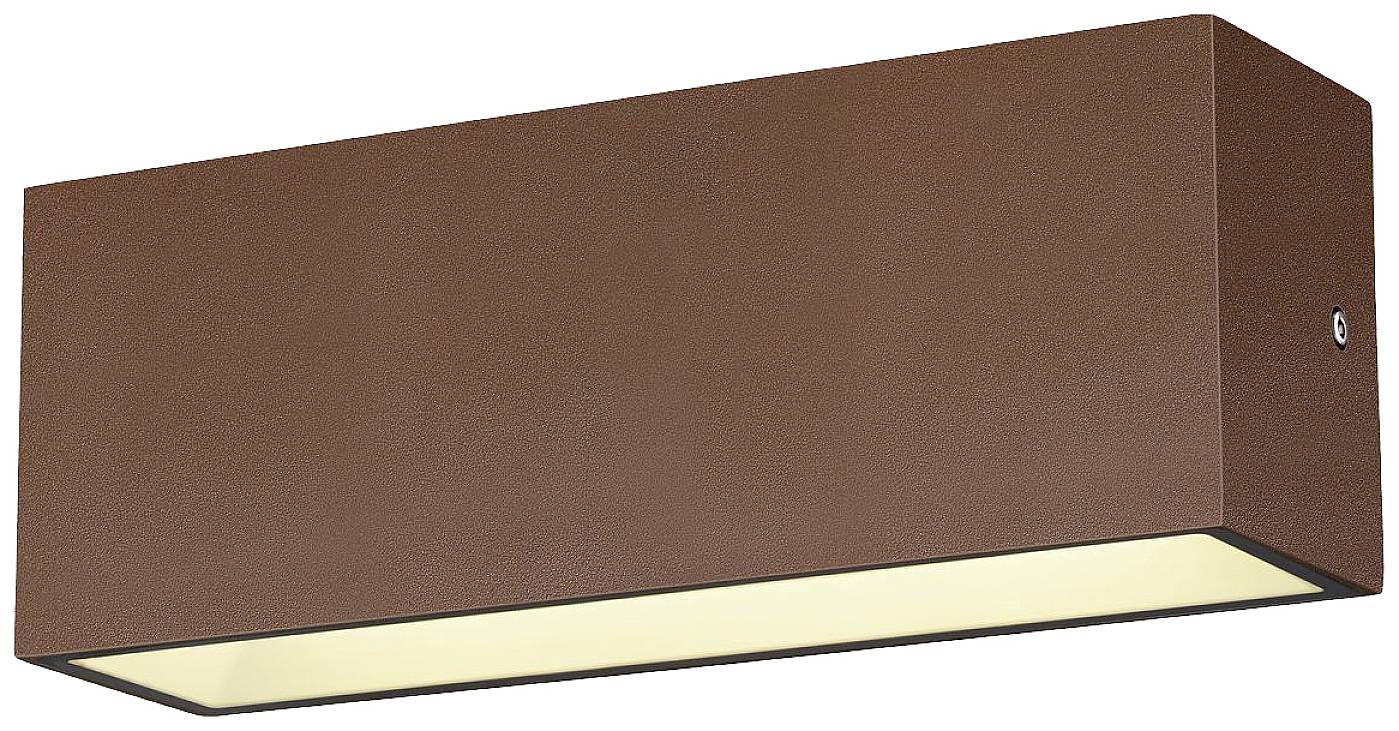 Braune rechteckige Wandleuchte mit mattem Finish, leuchtet weich nach unten. Modernes, minimalistisches Design für Innenräume.
