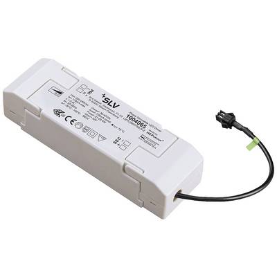 Ein rechteckiger LED-Treiber mit Kabel und Stecker. Er hat technische Spezifikationen und Sicherheitszeichen aufgedruckt.