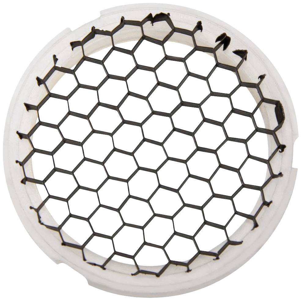 Ein weißes, rundes Gitter mit hexagonalem Muster, wahrscheinlich ein Filter oder Lüftungselement.