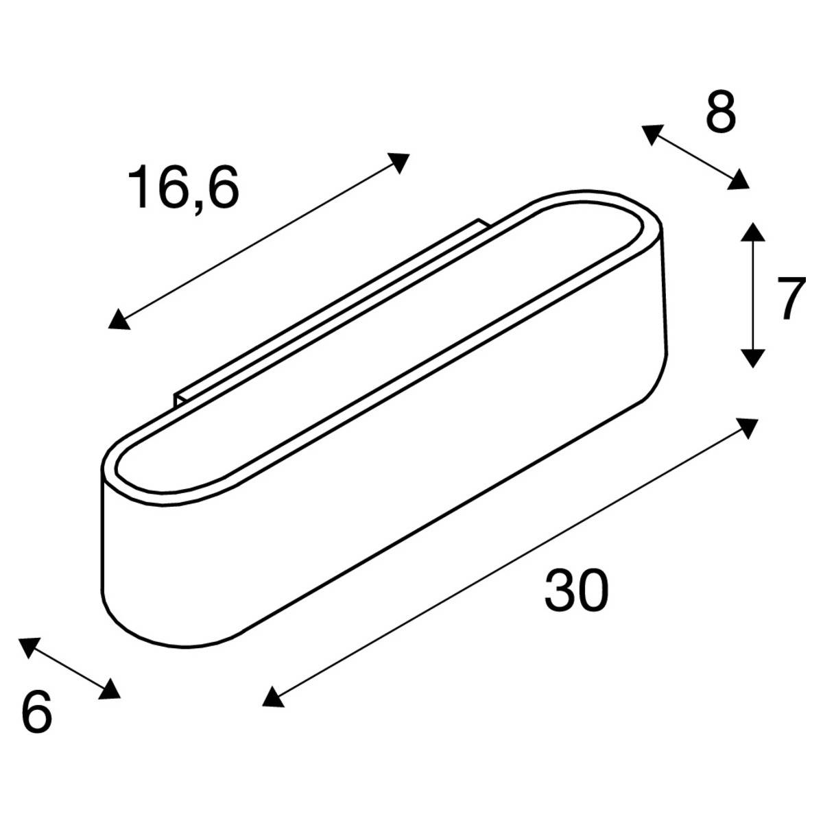Beispiel eines technischen Diagramms: Ovale Stange mit Maßen 16,6 x 6 x 30 cm; Höhenangabe 8 und 7 cm.