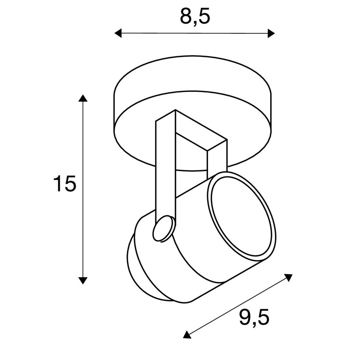 Diagramm einer zylindrischen Deckenleuchte. Maße: Höhe 15 cm, Breite 8,5 cm, Tiefe 9,5 cm.