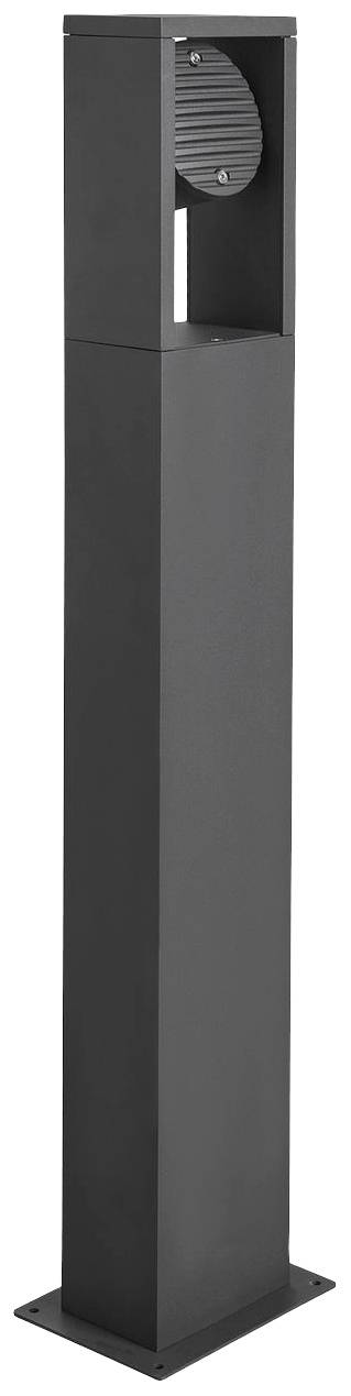 Schwarze, rechteckige Outdoor-Lampenstele mit sichtbarem Leuchtmittel an der Oberseite. Geeignet zur Beleuchtung von Wegen oder Gärten.