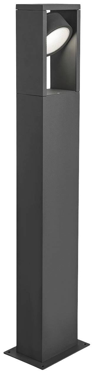 Eine schwarze, moderne Außenleuchte mit quadratischer Form und oben angebrachtem, nach unten gerichteten Lichtstrahl.