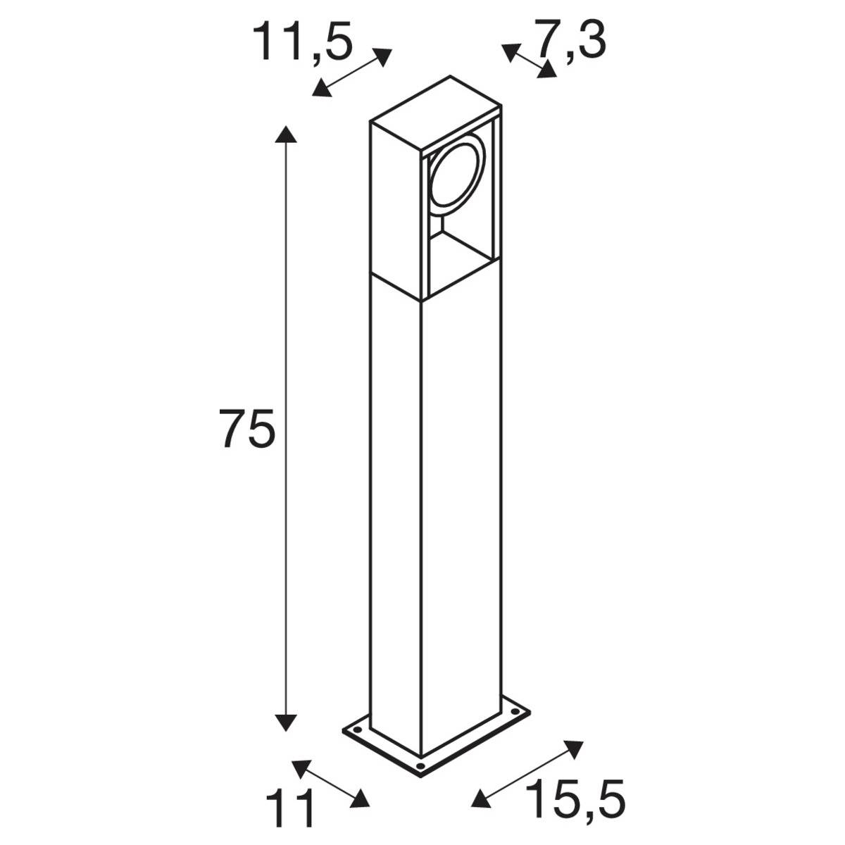 Technische Zeichnung einer rechteckigen Säule mit den Maßen: Höhe 75 cm, Breite 7,3 cm, Tiefe 11,5 cm. Sockelmaße: 15,5 x 11 cm.